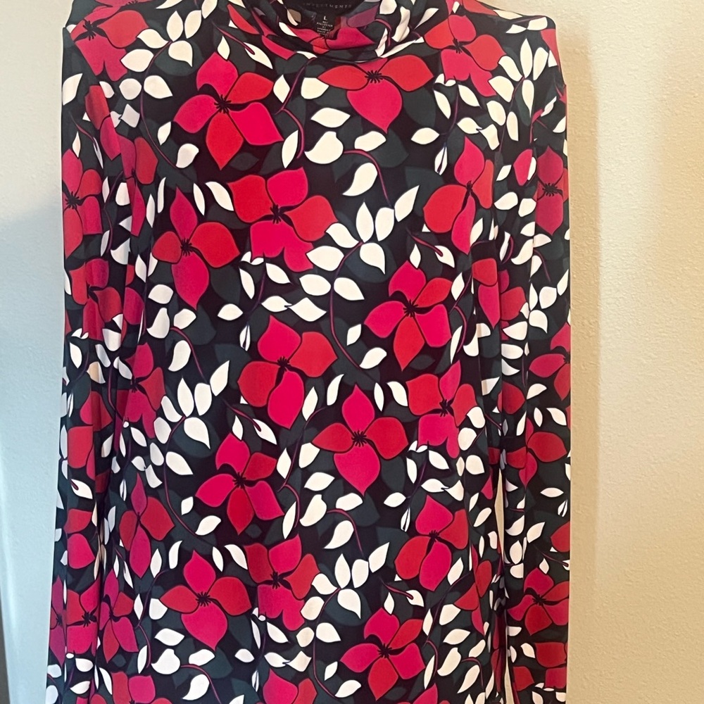 Investments Black Blouse with Red and White Floral Print